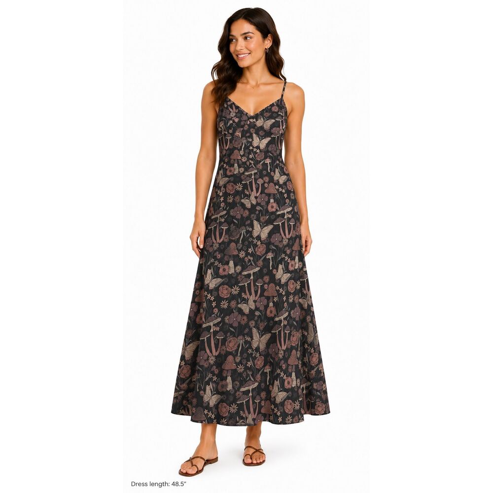 Women’s Black Mushroom Butterfly Floral Fairycore Maxi Dress Size Small